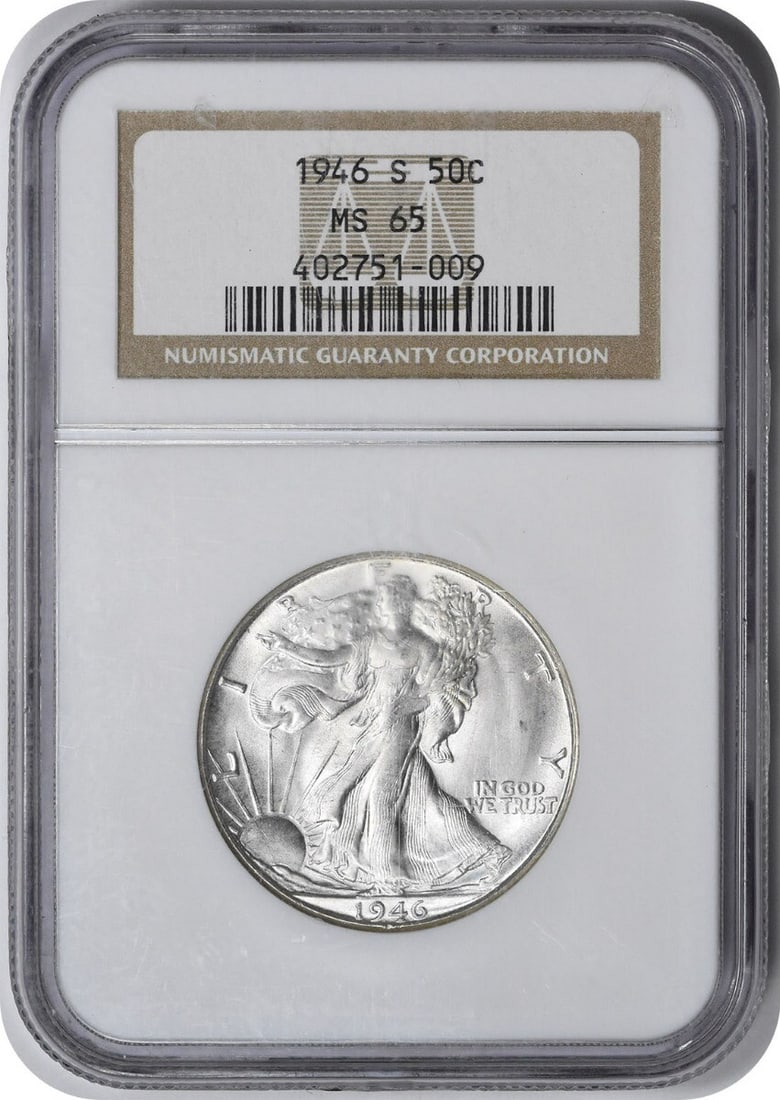 NGC MS65 1946-S Liberty Walking 50C Silver Half Dollar San Francisco Mint: NGC MS65 1946-S Liberty Walking 50C Silver Half Dollar San Francisco Mint This 1946-S Walking Liberty Half Dollar is certified MS65 by NGC. Struck at the San Francisco Mint, this uncirculated coin fea