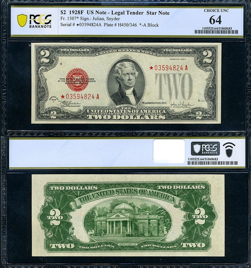 1928-F $2 Legal Tender FR. 1507* PCGS Choice CU64 STAR (1 of 3)