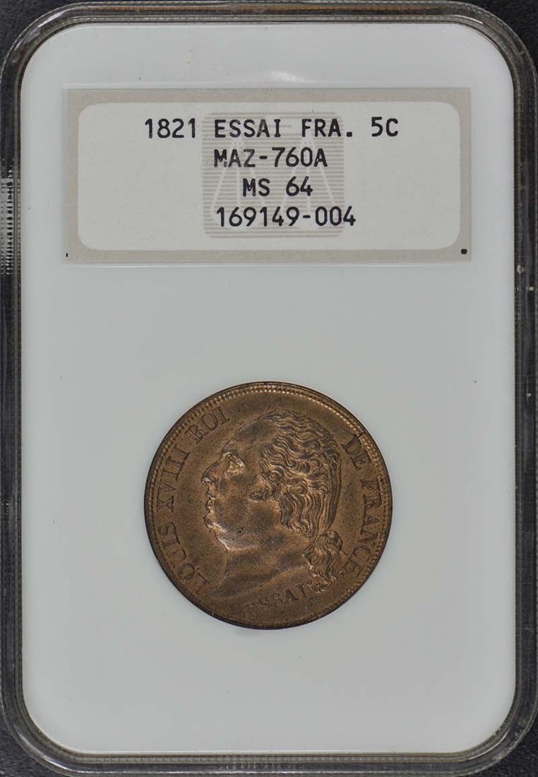 1821 France 5c Coin NGC MS64 Uncirculated Rare Collectible: 1821 France 5c Coin NGC MS64 Uncirculated Rare Collectible This 1821 ESSAI FRANCE 5c coin is a remarkable piece in uncirculated condition, certified by NGC with a grade of MS64. It features the unique