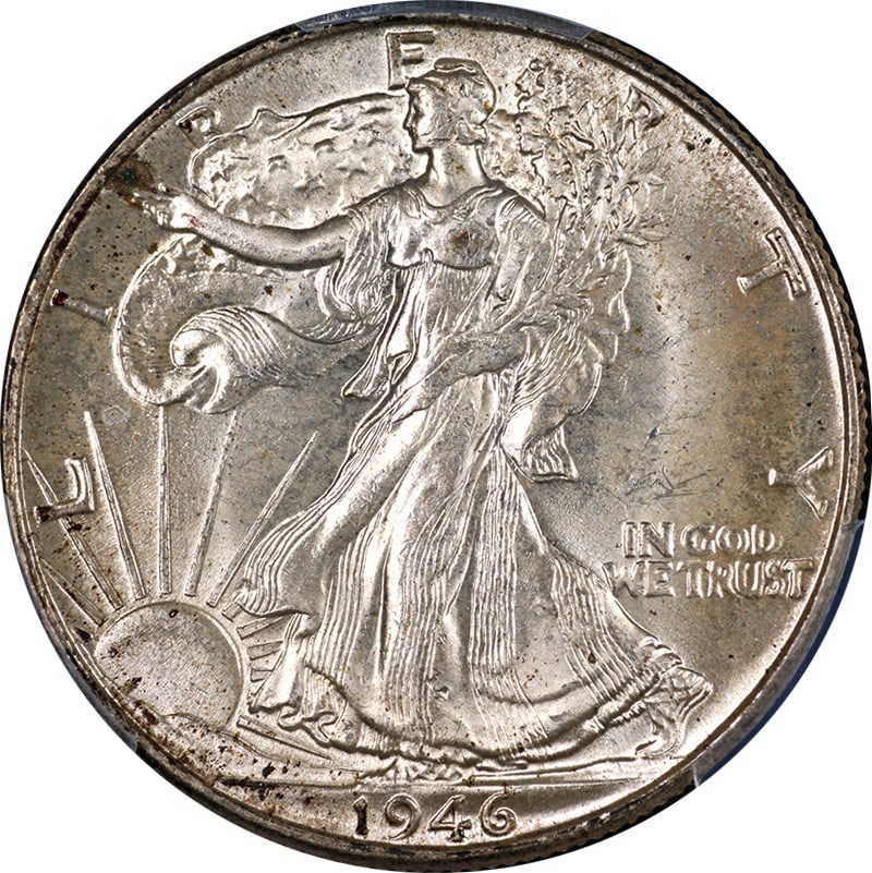 1946 Philadelphia Walking Liberty Half Dollar PCGS MS65 Silver Coin: 1946 Philadelphia Walking Liberty Half Dollar PCGS MS65 Silver Coin This 1946-P Walking Liberty Half Dollar is certified by PCGS with a grade of MS65, indicating an uncirculated coin with nice luster
