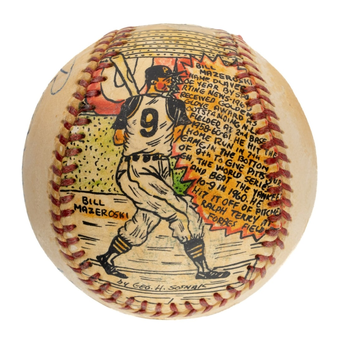 Bill Mazeroski Signed Folk Art Baseball by George Sosnak 1965: Bill Mazeroski Signed Folk Art Baseball by George Sosnak 1965 This unique baseball features a hand-painted tribute to Hall of Famer Bill Mazeroski, created by renowned folk artist George Sosnak. The b