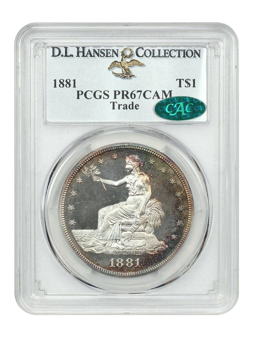 1881 Trade Dollar $1 PR67CAM PCGS CAC Stunning Rainbow Tones: 1881 Trade Dollar $1 PR67CAM PCGS CAC Stunning Rainbow Tones This stunning 1881 Trade Dollar is a certified PCGS/CAC PR67CAM, showcasing exquisite rainbow tones that radiate from the edges and beautif