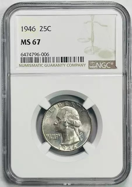 1946 Washington Quarter NGC MS 67 Uncirculated Silver Coin: 1946 Washington Quarter NGC MS 67 Uncirculated Silver Coin This 1946 Washington Quarter is certified by NGC with a remarkable MS-67 grade, indicating its uncirculated condition. Struck in silver, this