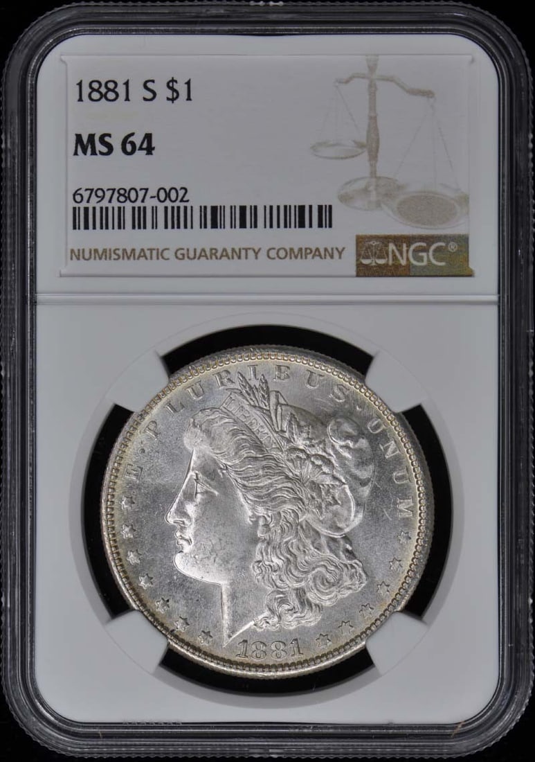 1881-S Morgan Dollar NGC MS64 Uncirculated San Francisco Coin: 1881-S Morgan Dollar NGC MS64 Uncirculated San Francisco Coin This 1881-S Morgan Dollar is graded MS64 by NGC, indicating it is in uncirculated condition. Minted in San Francisco, this coin showcases