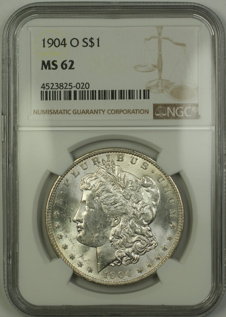 NGC MS 62 1904-O Silver Morgan Dollar New Orleans Mint $1 Coin: NGC MS 62 1904-O Silver Morgan Dollar New Orleans Mint $1 Coin This is a 1904-O Morgan Silver Dollar $1 coin certified by NGC with a grade of MS-62. Minted in New Orleans, this uncirculated coin is co