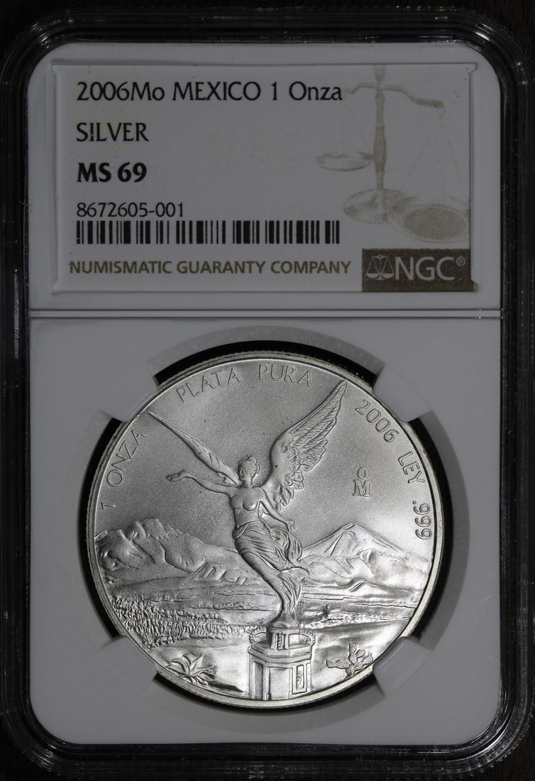 2006 Mexican Libertad 1 oz Silver Coin NGC MS69 KEY DATE: 2006 Mexican Libertad 1 oz Silver Coin NGC MS69 KEY DATE This 2006 Mexican Libertad coin is a must-have for collectors, featuring a high-grade MS 69 certification by NGC. Struck from 1 oz of .999 fine