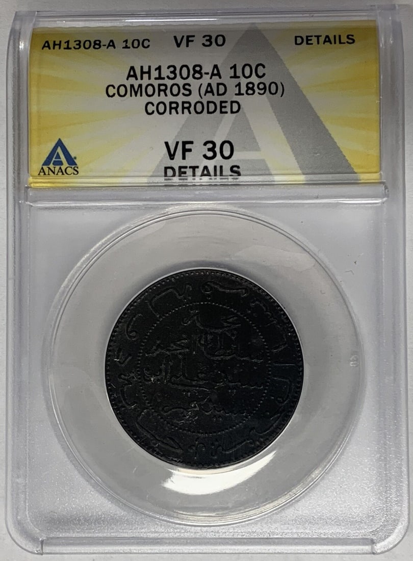 1890 Comoros 10 Cents Copper Coin ANACS VF 30 Certified: 1890 Comoros 10 Cents Copper Coin ANACS VF 30 Certified This is an 1890 Comoros 10 Cents coin, certified by ANACS with a VF 30 grade and noted as corroded. The coin is composed of copper, was issued f