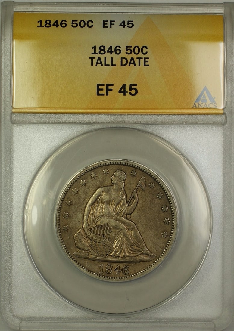 ANACS EF-45 Certified 1846 Tall Date Seated Liberty Silver 50C Half Dollar: ANACS EF-45 Certified 1846 Tall Date Seated Liberty Silver 50C Half Dollar This 1846 Tall Date Seated Liberty Half Dollar is composed of 90% silver and was minted in Philadelphia. Certified by ANACS w