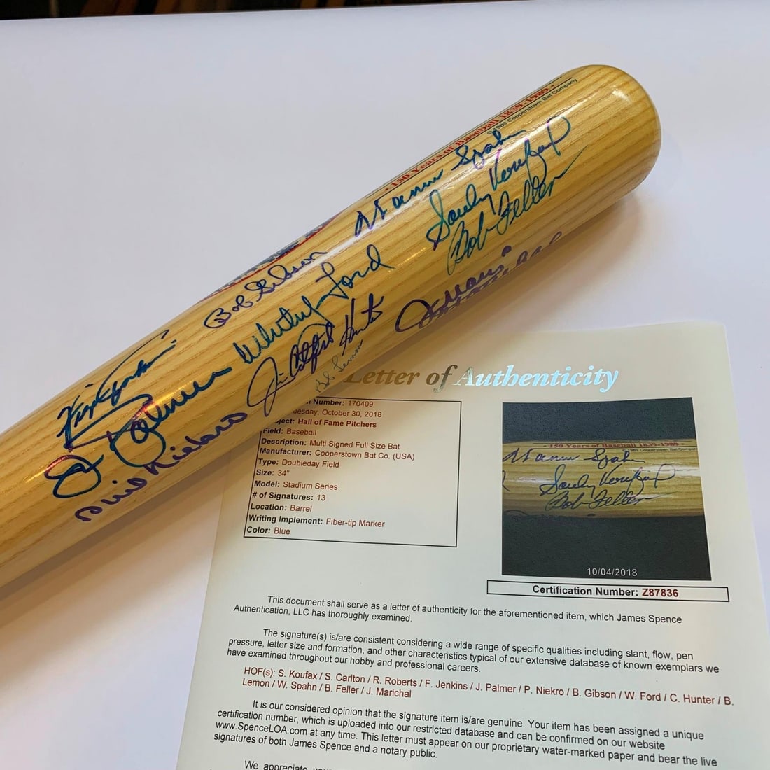 Sandy Koufax Whitey Ford Signed Hall of Fame Bat 13 Autographs JSA: Sandy Koufax Whitey Ford Signed Hall of Fame Bat 13 Autographs JSA This is a remarkable multi-signed Cooperstown bat featuring 13 legendary Hall of Fame pitchers, including Sandy Koufax, Whitey Ford,