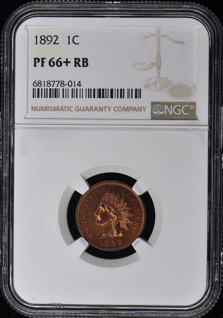 1892 NGC PR66+RB Bronze Indian Cent Uncirculated Proof Coin: 1892 NGC PR66+RB Bronze Indian Cent Uncirculated Proof Coin This 1892 Bronze Indian Cent is a stunning piece, certified by NGC with a grade of PR66+RB. It represents an uncirculated proof strike from
