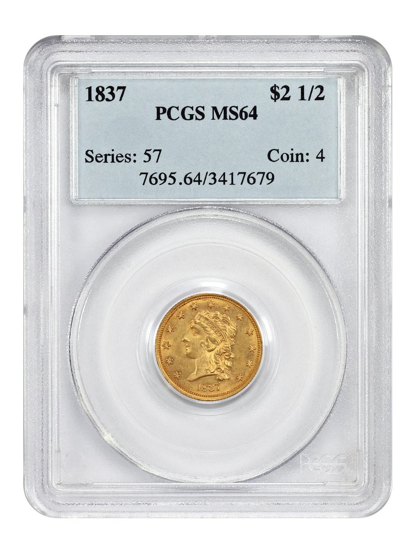 1837 Classic Head $2.50 Gold Coin PCGS MS64 Philadelphia Mint: 1837 Classic Head $2.50 Gold Coin PCGS MS64 Philadelphia Mint This 1837 Classic Head $2.50 gold coin is certified by PCGS with a grade of MS64, indicating an uncirculated condition. Struck at the Phil