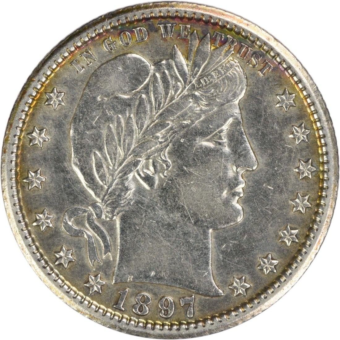 AU 1897-O Barber Quarter Uncertified 90 Percent Silver Coin: AU 1897-O Barber Quarter Uncertified 90 Percent Silver Coin This 1897-O Barber silver quarter is a circulated coin from the United States, struck at the New Orleans Mint. Designed by Charles E. Barber