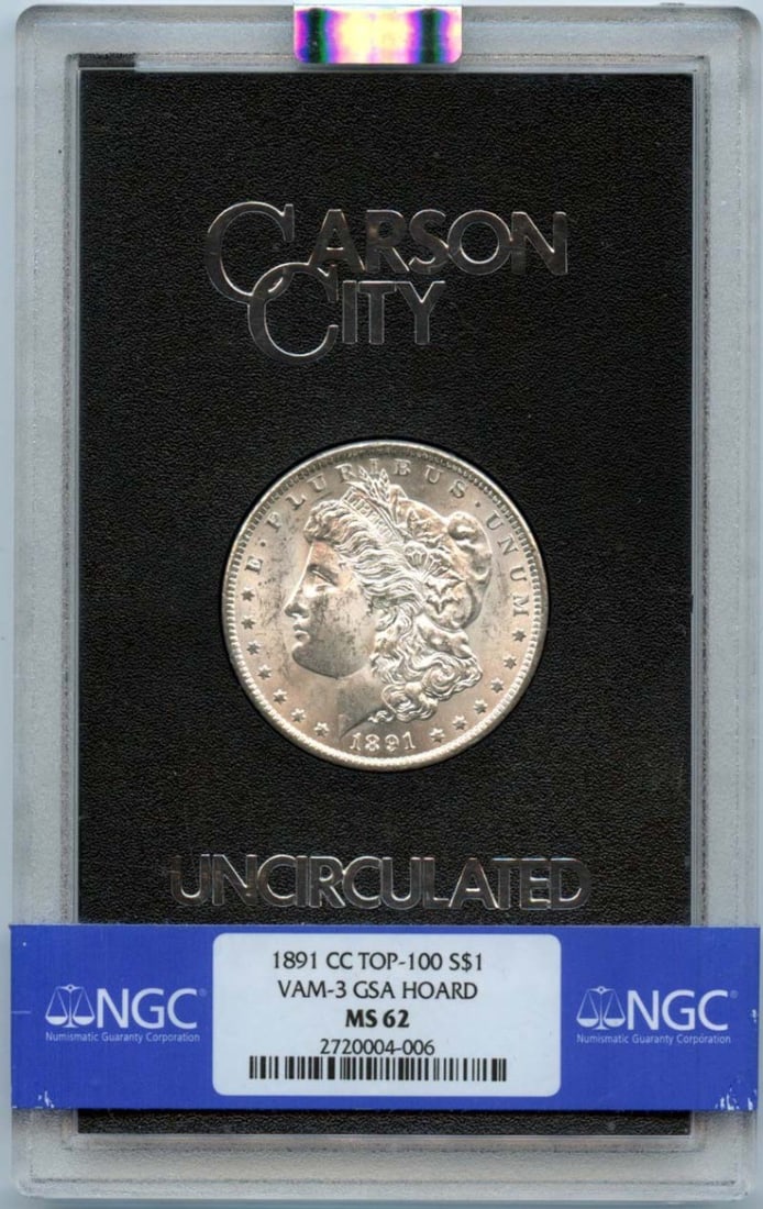 1891-CC Morgan Dollar VAM-3 GSA Hoard NGC MS62 Uncirculated: 1891-CC Morgan Dollar VAM-3 GSA Hoard NGC MS62 Uncirculated This 1891-CC Morgan Dollar is a striking piece from the Carson City Mint, certified by NGC with a grade of MS62, indicating its uncirculated