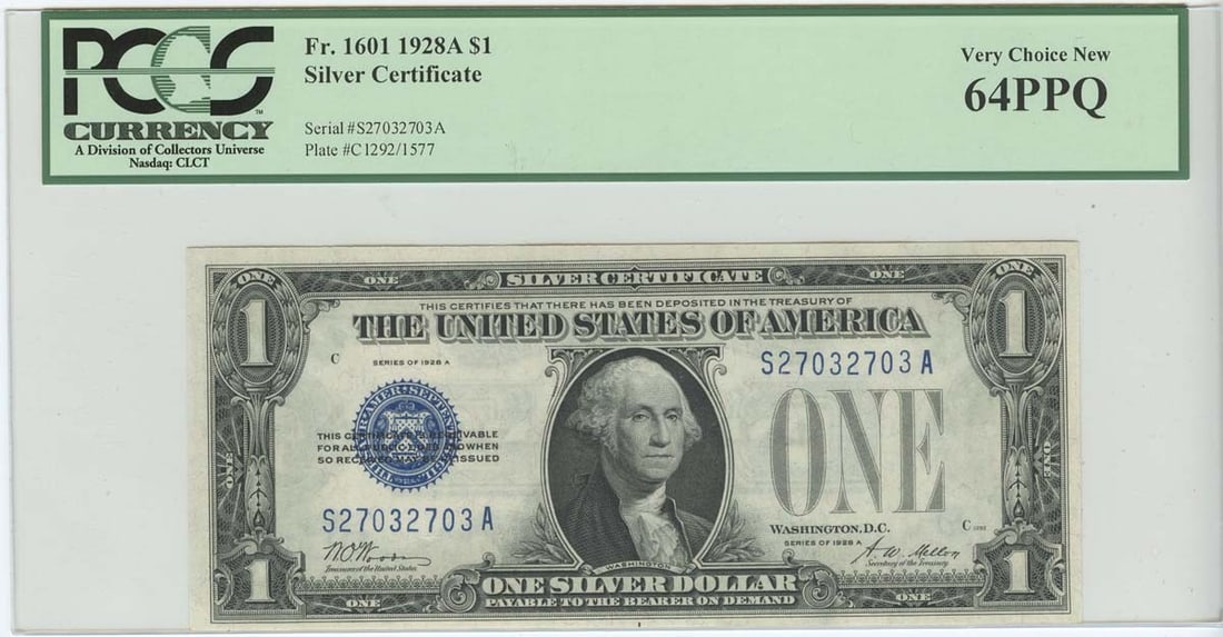 PCGS 64PPQ 1928A $1 Silver Certificate Repeater Serial Uncirculated: PCGS 64PPQ 1928A $1 Silver Certificate Repeater Serial Uncirculated This 1928A $1 Silver Certificate is graded MS64 by PCGS Currency and is in uncirculated condition. The note features a repeater seri