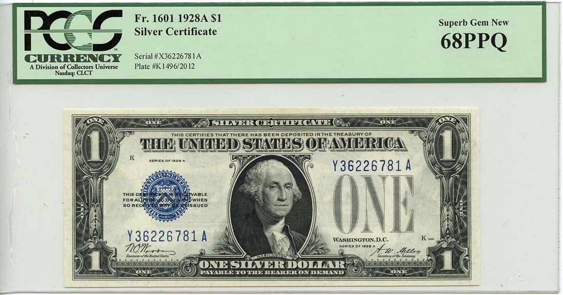 PCGS 68 PPQ 1928A $1 Blue Seal Silver Certificate Fr 1601 Woods Mellon: PCGS 68 PPQ 1928A $1 Blue Seal Silver Certificate Fr 1601 Woods Mellon This is a 1928A $1 Silver Certificate with blue seal, featuring the Woods Mellon signature combination. The note is graded MS68 b