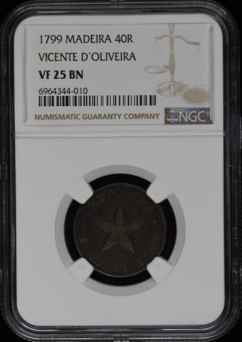 1799 Madeira 40 Reis Coin NGC VF25 Certified: 1799 Madeira 40 Reis Coin NGC VF25 Certified This historical 1799 Madeira 40 Reis coin, certified by NGC with a grade of VF25, showcases the craftsmanship of its era. The coin has been circulated, ind