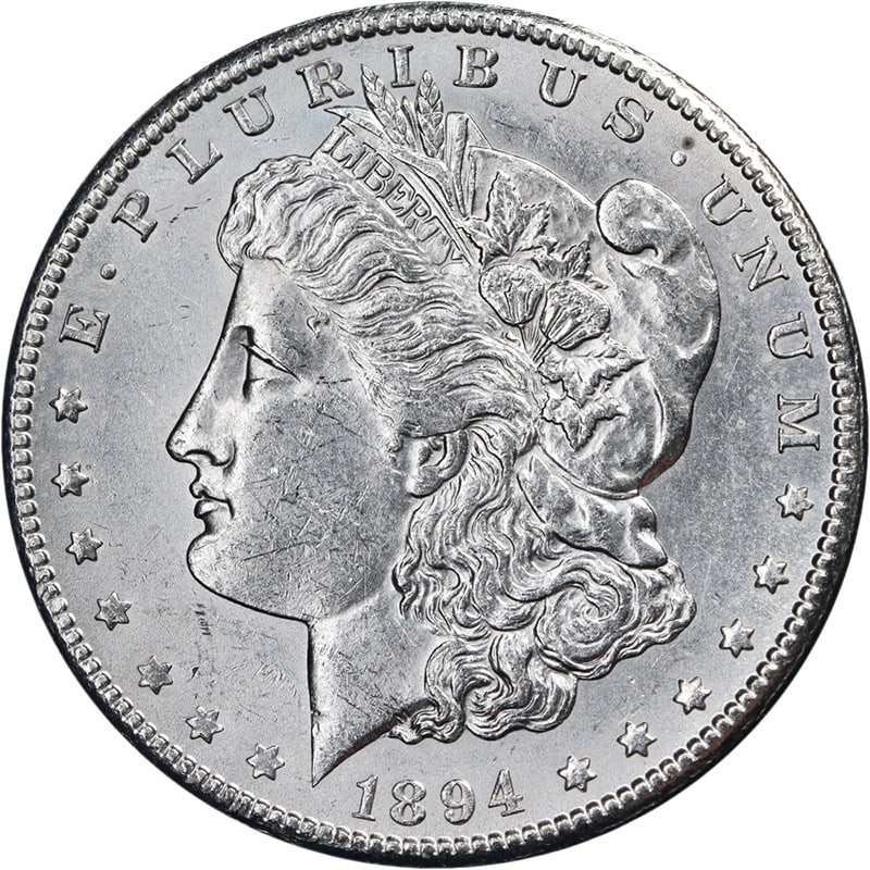Uncirculated 1894-S Morgan Dollar Brilliant Uncirculated Silver Key Date Coin: Uncirculated 1894-S Morgan Dollar Brilliant Uncirculated Silver Key Date Coin This 1894-S Morgan Silver Dollar is an uncirculated coin featuring bright white surfaces, strong luster, and a well-define