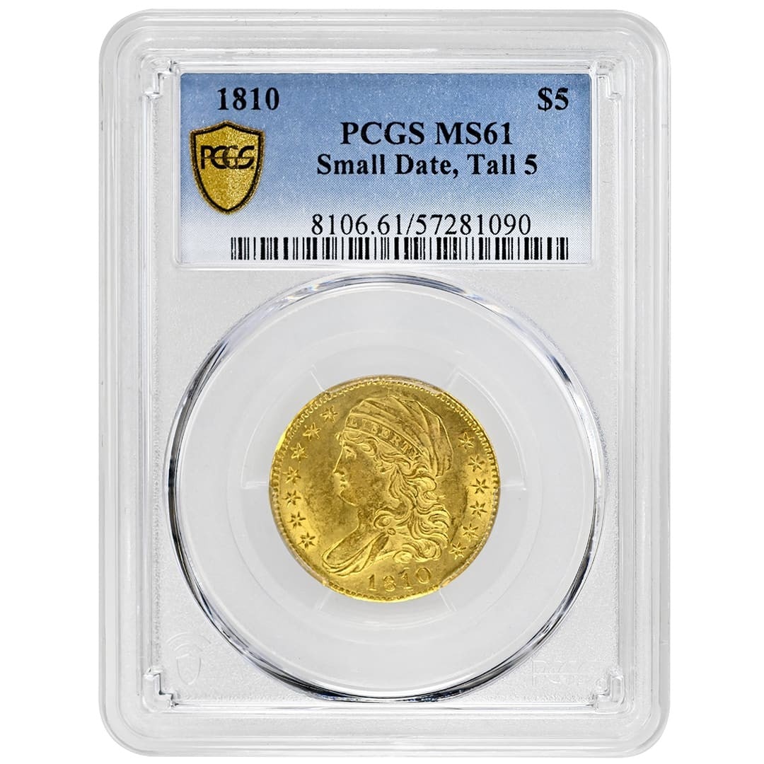 1810 $5 Capped Bust Gold Coin PCGS MS61 Rare Type 1: 1810 $5 Capped Bust Gold Coin PCGS MS61 Rare Type 1 This rare 1810 $5 Capped Bust coin is a remarkable piece of numismatic history. Originating from the Philadelphia Mint, this uncirculated gold coin