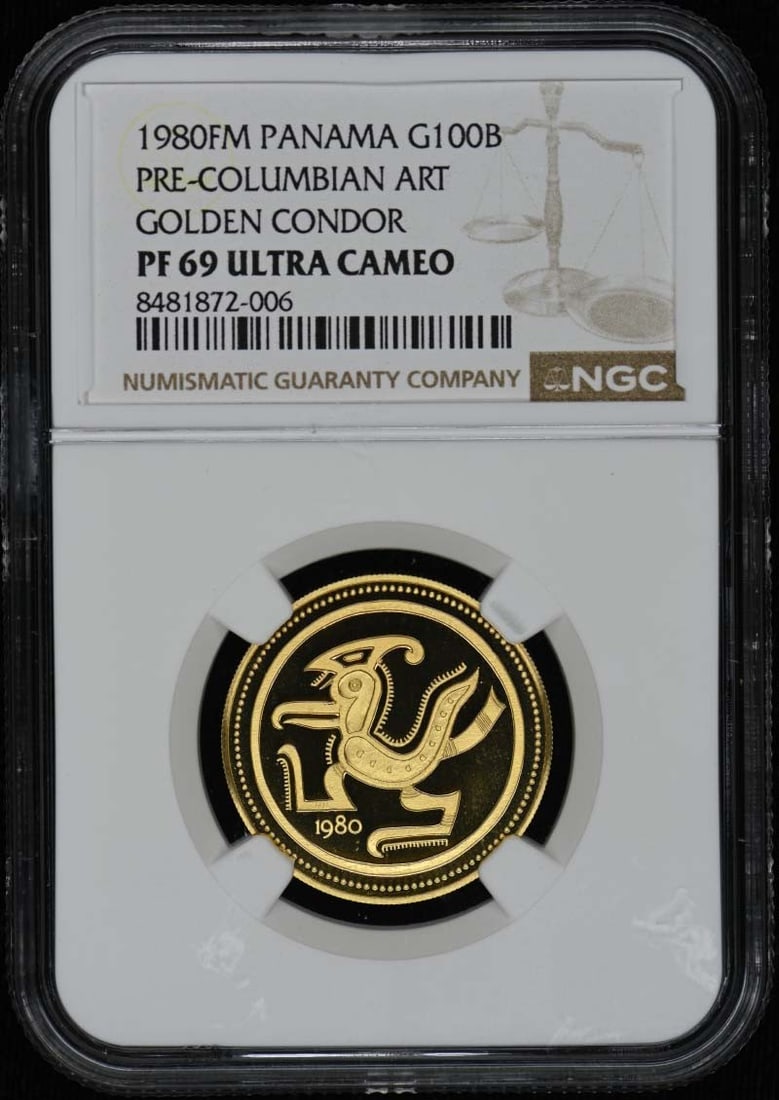 1980 Panama Golden Condor G100B NGC PR69DCAM Coin: 1980 Panama Golden Condor G100B NGC PR69DCAM Coin This 1980 Panama Golden Condor G100B coin is graded PR69 by NGC, signifying its exceptional quality and beauty. It is an uncirculated piece, showcasin