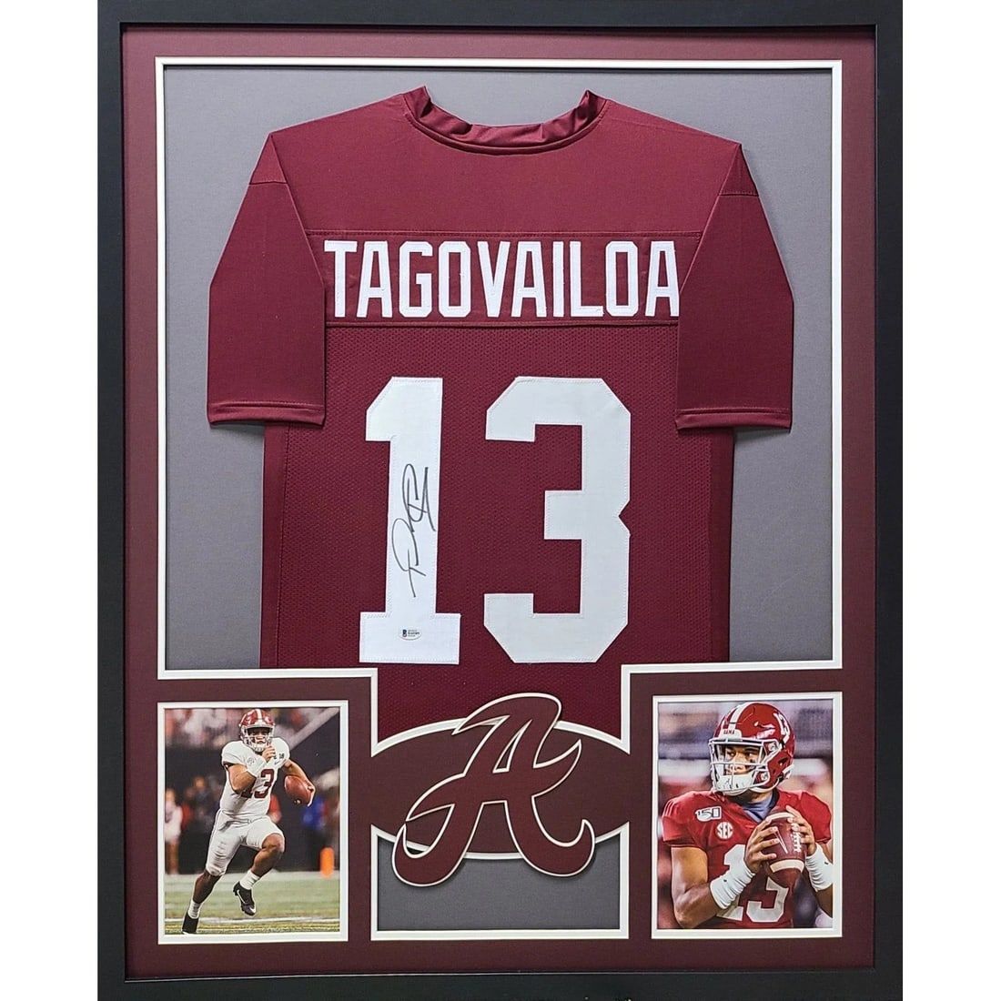 Tua Tagovailoa Autographed Jersey Framed Beckett Authentication Alabama: Tua Tagovailoa Autographed Jersey Framed Beckett Authentication Alabama This is an autographed framed jersey of Tua Tagovailoa, featuring exquisite detail and a prominent logo. The jersey is authentic
