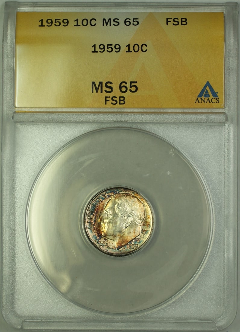 ANACS MS 65 FSB 1959 Silver 10C Roosevelt Dime with Toning: ANACS MS 65 FSB 1959 Silver 10C Roosevelt Dime with Toning This 1959 Roosevelt Dime is composed of silver and features natural toning. Graded MS 65 with Full Split Bands (FSB) by ANACS, this uncircula