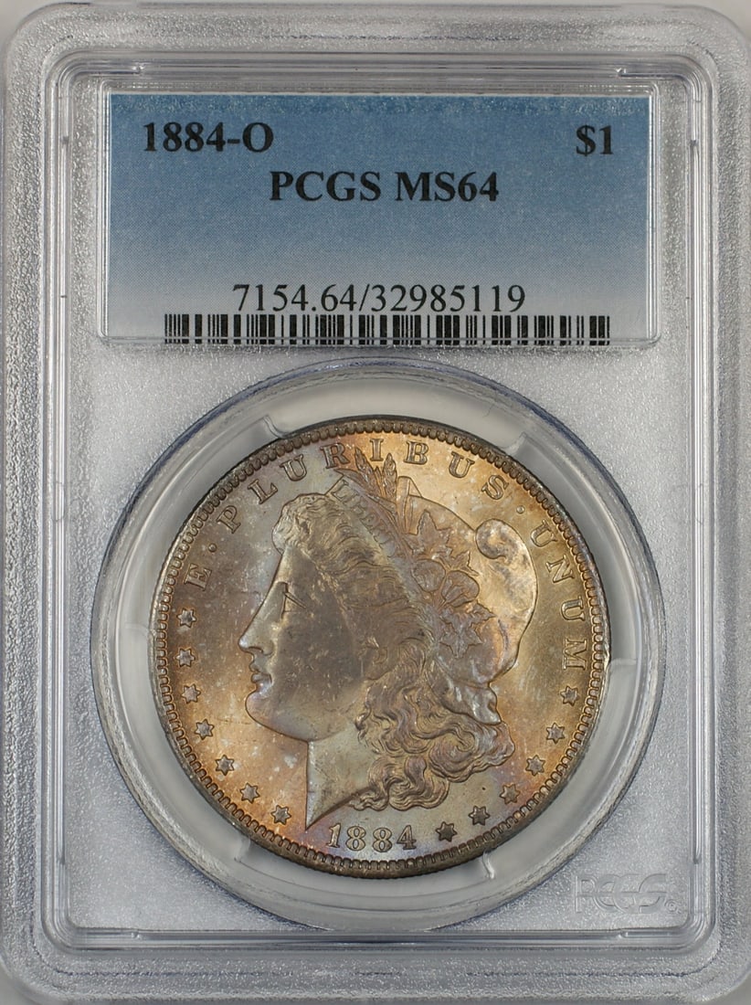 PCGS MS-64 1884-O Silver Morgan Dollar Coin with Attractive Toning: PCGS MS-64 1884-O Silver Morgan Dollar Coin with Attractive Toning This 1884-O Morgan Silver Dollar features a beautiful natural toning and is graded MS-64 by PCGS. Minted in New Orleans, this uncircu