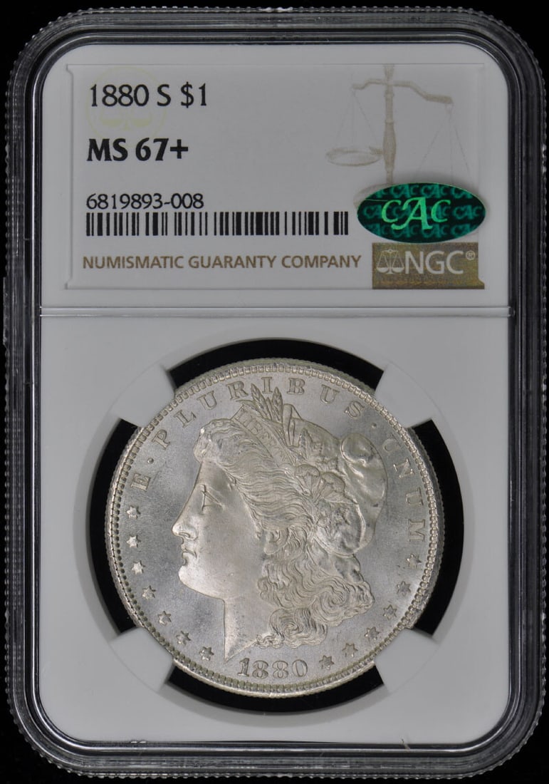 1880-S Morgan Dollar NGC MS67+ CAC Certified Uncirculated: 1880-S Morgan Dollar NGC MS67+ CAC Certified Uncirculated This 1880-S Morgan Dollar is a stunning example of classic American coinage, graded MS67+ by NGC with CAC certification. Struck in San Francis