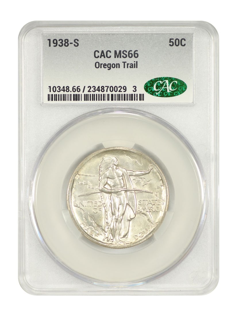 Oregon 1938-S Half Dollar CACG MS66 Silver Commemorative Coin Low Mintage: Oregon 1938-S Half Dollar CACG MS66 Silver Commemorative Coin Low Mintage This is a 1938-S Oregon 50-cent Classic Silver Commemorative coin, certified by CACG with a grade of MS66. Struck at the San F
