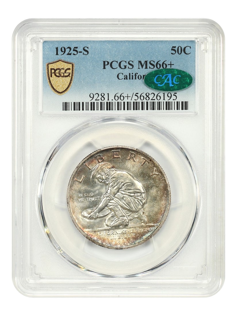 1925-S California Half Dollar PCGS CAC MS66 Plus Classic Silver Commemorative Coin: 1925-S California Half Dollar PCGS CAC MS66 Plus Classic Silver Commemorative Coin This 1925-S California 50-cent coin is a classic silver commemorative, graded MS66+ by PCGS with CAC approval. Issued