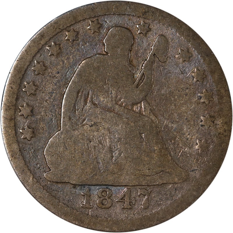 1847-O Seated Liberty Quarter Silver Coin New Orleans Circulated: 1847-O Seated Liberty Quarter Silver Coin New Orleans Circulated This 1847-O Seated Liberty Quarter is a remarkable piece of numismatic history, minted in New Orleans. The coin exhibits a silver compo