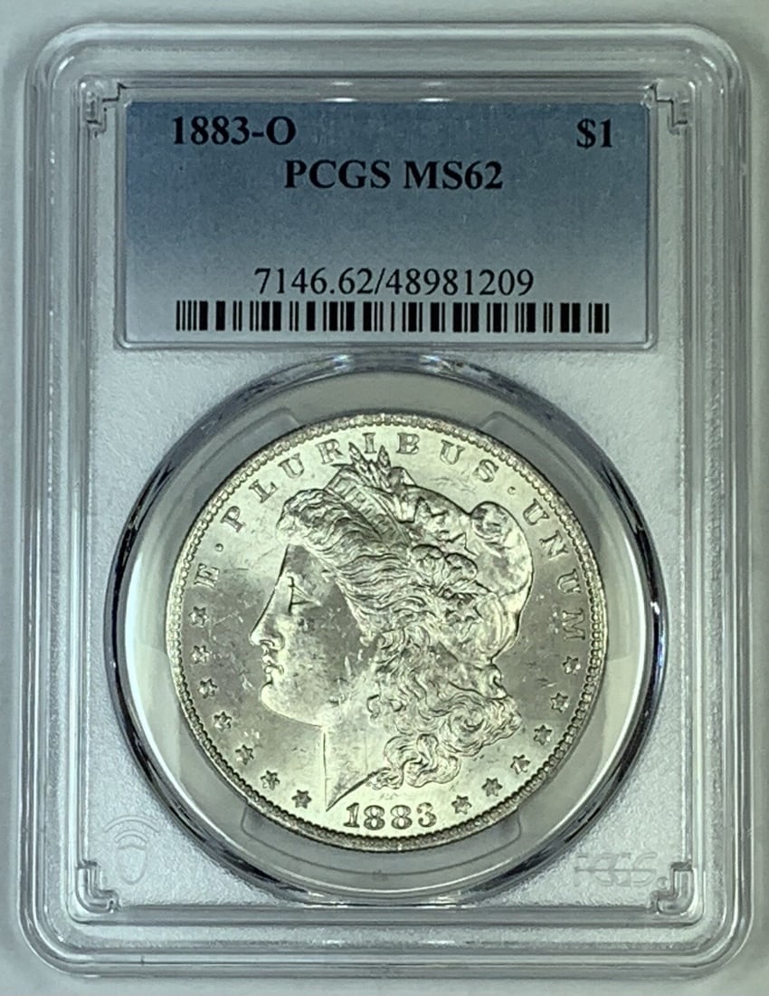 PCGS MS62 1883-O Morgan Silver Dollar Uncirculated United States Coin: PCGS MS62 1883-O Morgan Silver Dollar Uncirculated United States Coin This 1883-O Morgan Silver Dollar is an uncirculated coin certified by PCGS with a grade of MS 62. Minted in the United States, it