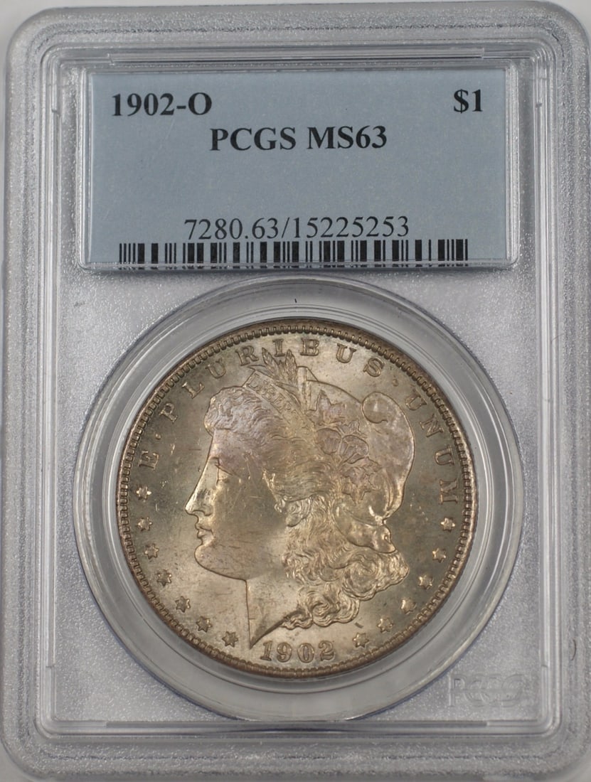 PCGS MS63 1902-O Morgan Dollar Silver Coin With Toning New Orleans Mint: PCGS MS63 1902-O Morgan Dollar Silver Coin With Toning New Orleans Mint This is a 1902-O Morgan Silver Dollar $1 coin, certified by PCGS with a grade of MS 63. The coin is uncirculated and features to