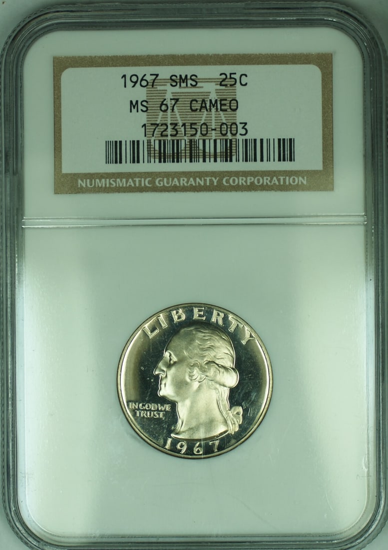 NGC MS 67 Cameo 1967 SMS Washington Quarter Uncirculated: NGC MS 67 Cameo 1967 SMS Washington Quarter Uncirculated This is a 1967 SMS Washington Quarter, certified by NGC with a grade of MS 67 Cameo. The coin is uncirculated and features the Washington desig