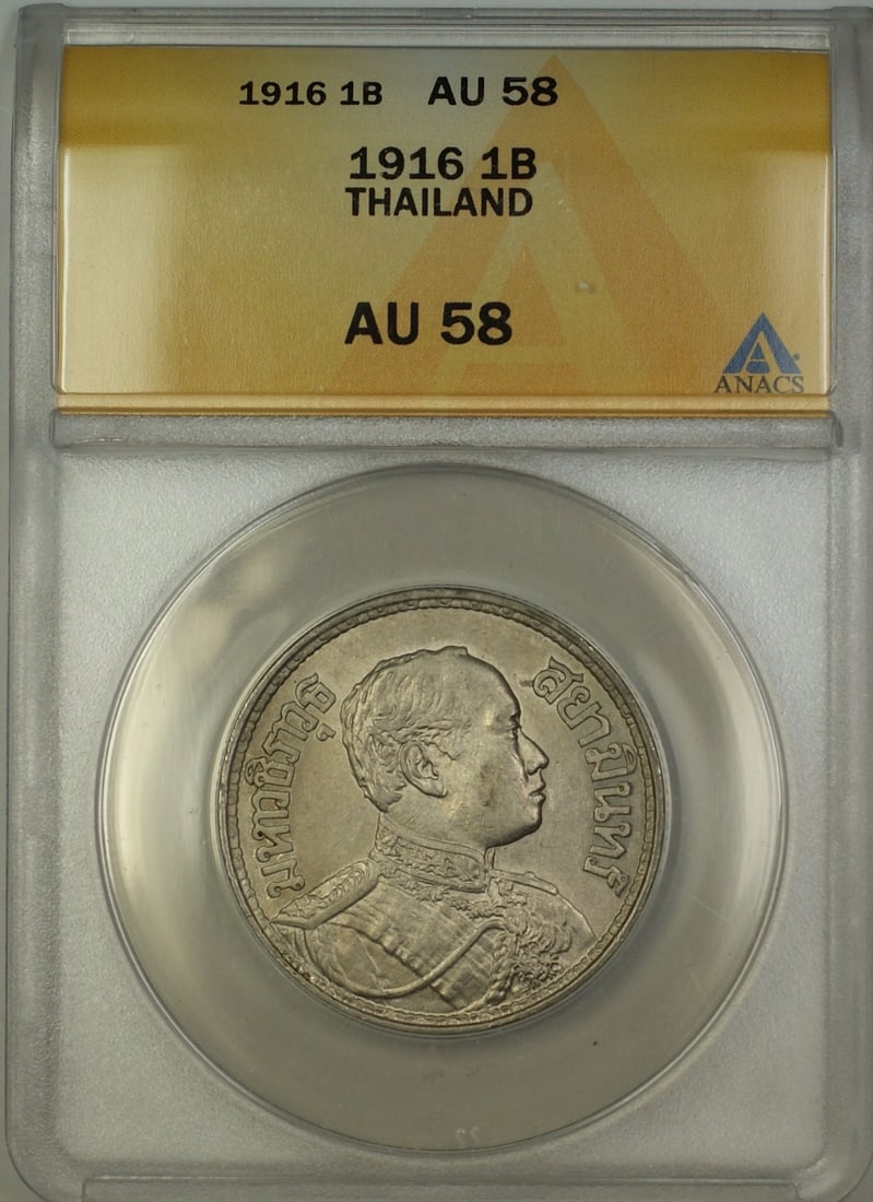 Thailand 1916 Silver 1 Baht Coin ANACS Graded AU 58: Thailand 1916 Silver 1 Baht Coin ANACS Graded AU 58 This is a 1916 Thailand 1 Baht silver coin, certified by ANACS with a grade of AU-58. The coin has circulated and is composed of silver, representin