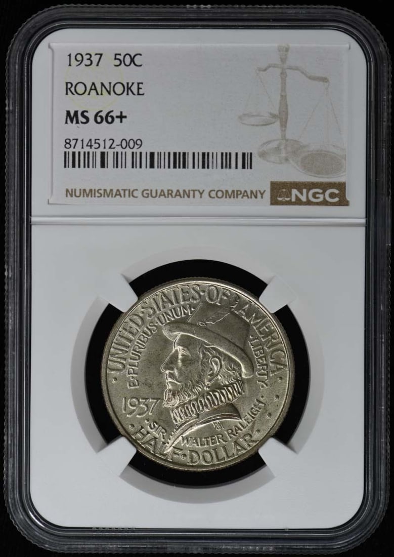 1937 Roanoke Half Dollar NGC MS66 Plus Silver Commemorative Coin: 1937 Roanoke Half Dollar NGC MS66 Plus Silver Commemorative Coin This is a 1937 Roanoke silver commemorative half dollar graded MS66+ by NGC. The coin is uncirculated and was minted in Philadelphia. I