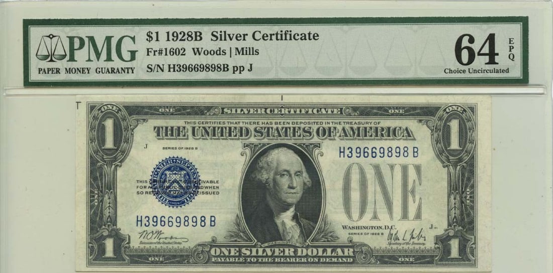 PMG CH64 EPQ 1928B $1 Blue Seal Silver Certificate Fr 1602 Uncirculated: PMG CH64 EPQ 1928B $1 Blue Seal Silver Certificate Fr 1602 Uncirculated This is a 1928B $1 Silver Certificate featuring a blue seal, classified as Fr# 1602. The bill is certified by PMG with a grade o