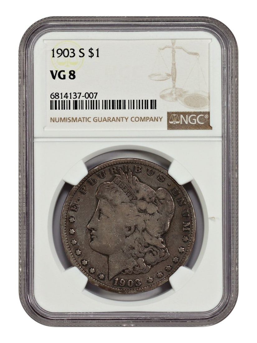San Francisco Mint 1903 Morgan Silver Dollar NGC Graded VG08: San Francisco Mint 1903 Morgan Silver Dollar NGC Graded VG08 This 1903-S Morgan Dollar is certified by NGC with a grade of VG08. Minted in San Francisco, this circulated coin offers collectors an affo