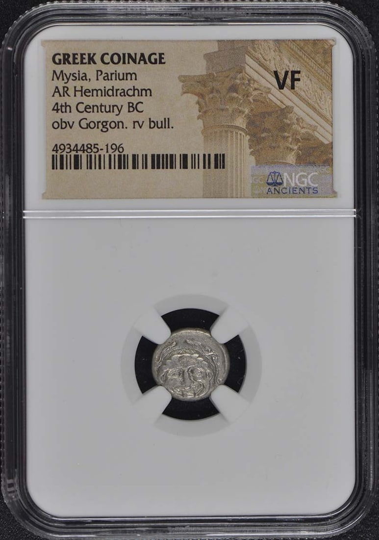 4th Century BC Mysia Parium AR Hemidrachm NGC Certified VF25: 4th Century BC Mysia Parium AR Hemidrachm NGC Certified VF25 This ancient coin from Mysia, specifically from the city of Parium, dates back to the 4th Century BC. It is an AR Hemidrachm, a denominatio