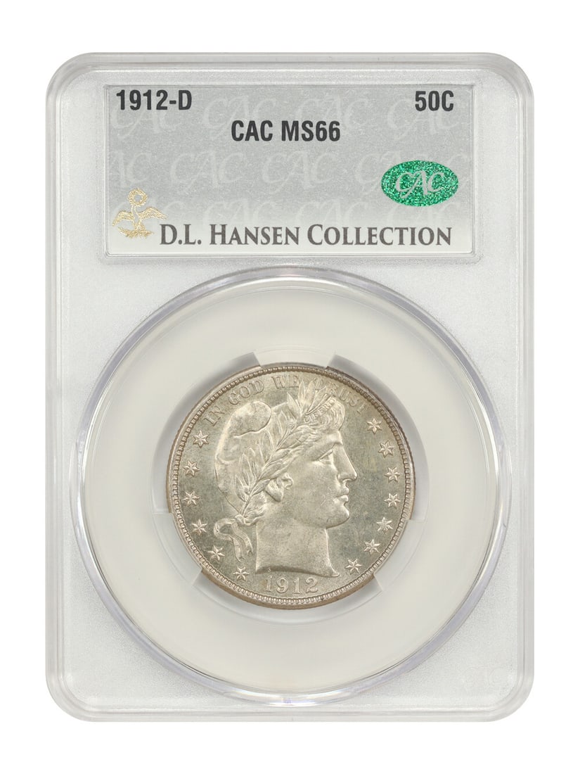 1912-D Barber Half Dollar CACG MS66 D.L. Hansen Rare Coin: 1912-D Barber Half Dollar CACG MS66 D.L. Hansen Rare Coin This 1912-D Barber Half Dollar is a remarkable piece, certified by CACG with the certification number 652495082. Graded MS66, this uncirculate