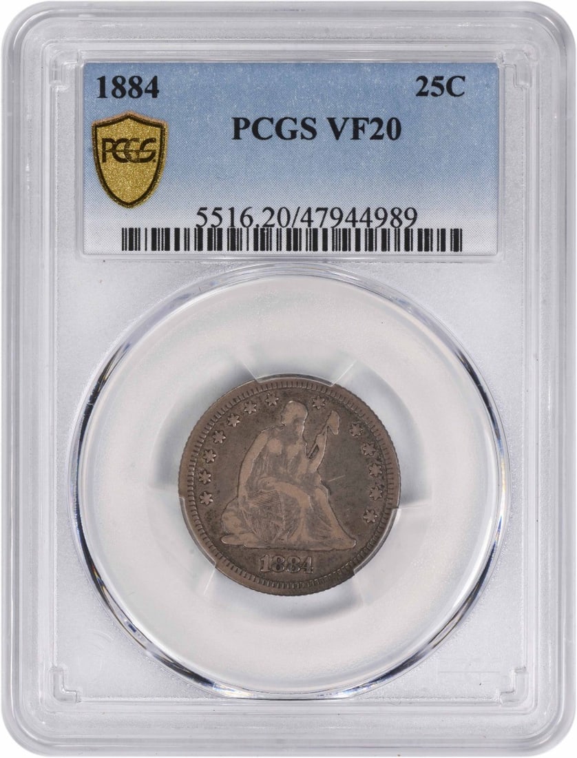 1884 Liberty Seated Silver Quarter VF20 PCGS Certified: 1884 Liberty Seated Silver Quarter VF20 PCGS Certified This 1884 Liberty Seated Silver Quarter is a remarkable piece of American numismatic history. Struck in Philadelphia, this coin features a classi