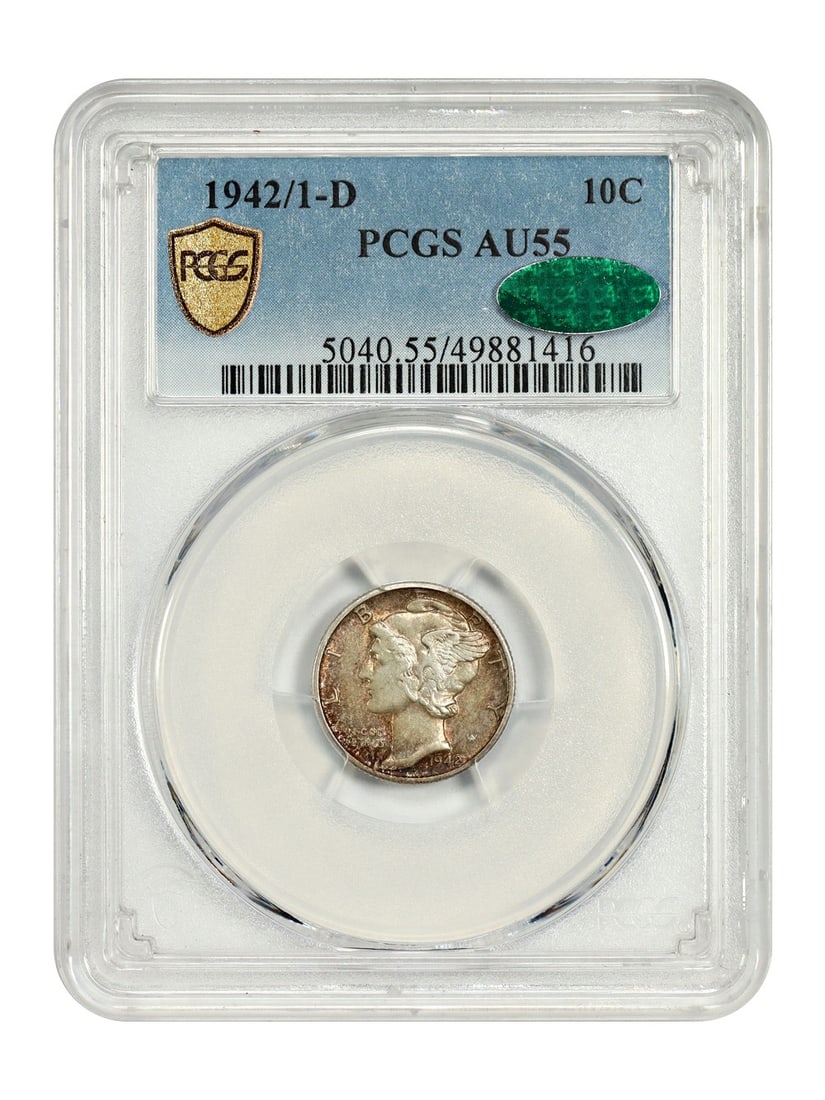 PCGS CAC AU55 1942 Over 1 D Mercury Dime Scarce Denver Variety: PCGS CAC AU55 1942 Over 1 D Mercury Dime Scarce Denver Variety This 1942/1-D Mercury Dime is a scarce overdate variety, certified by PCGS and approved by CAC with an AU55 grade. It features rich tonin