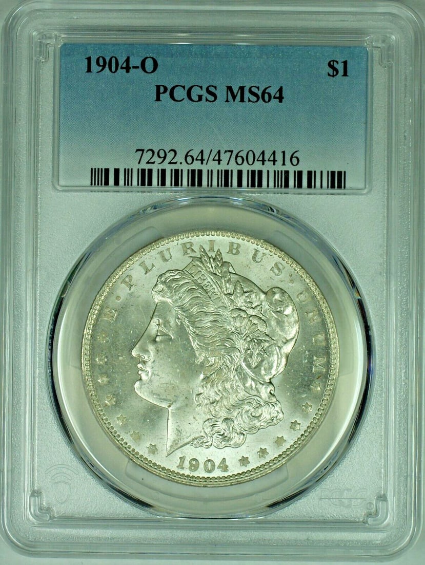 PCGS MS 64 1904-O Morgan Silver Dollar Uncirculated $1 Coin: PCGS MS 64 1904-O Morgan Silver Dollar Uncirculated $1 Coin This is a 1904-O Morgan Silver Dollar $1 coin from the United States, graded MS 64 by PCGS. The coin is uncirculated and composed of silver.