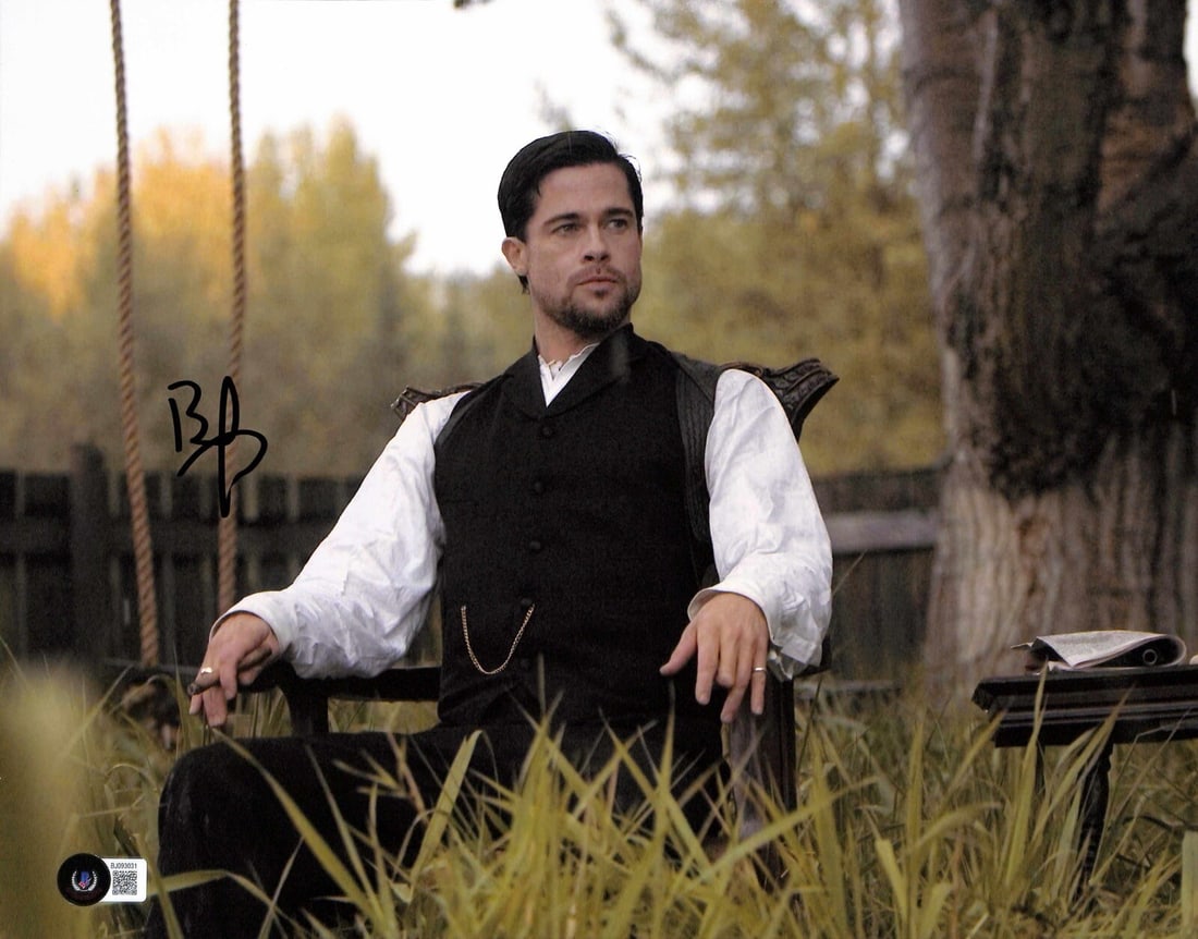 Brad Pitt Signed 11x14 Photo The Assassination of Jesse James Beckett Certified: Brad Pitt Signed 11x14 Photo The Assassination of Jesse James Beckett Certified This 11x14 photograph features a striking image of Brad Pitt as 'Jesse James' from the film The Assassination of Jesse J