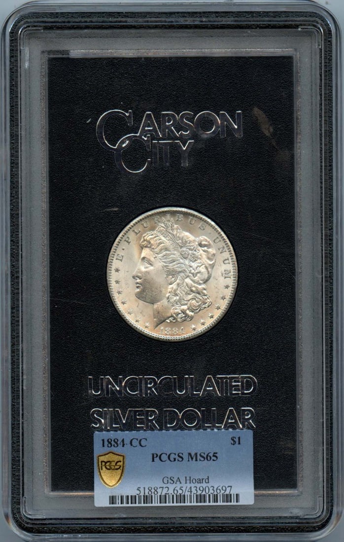 Carson City 1884 Morgan Silver Dollar PCGS MS65 GSA Hoard: Carson City 1884 Morgan Silver Dollar PCGS MS65 GSA Hoard This 1884-CC Morgan Dollar is part of the GSA Hoard and has been certified by PCGS with a grade of MS65. Struck at the Carson City Mint, this