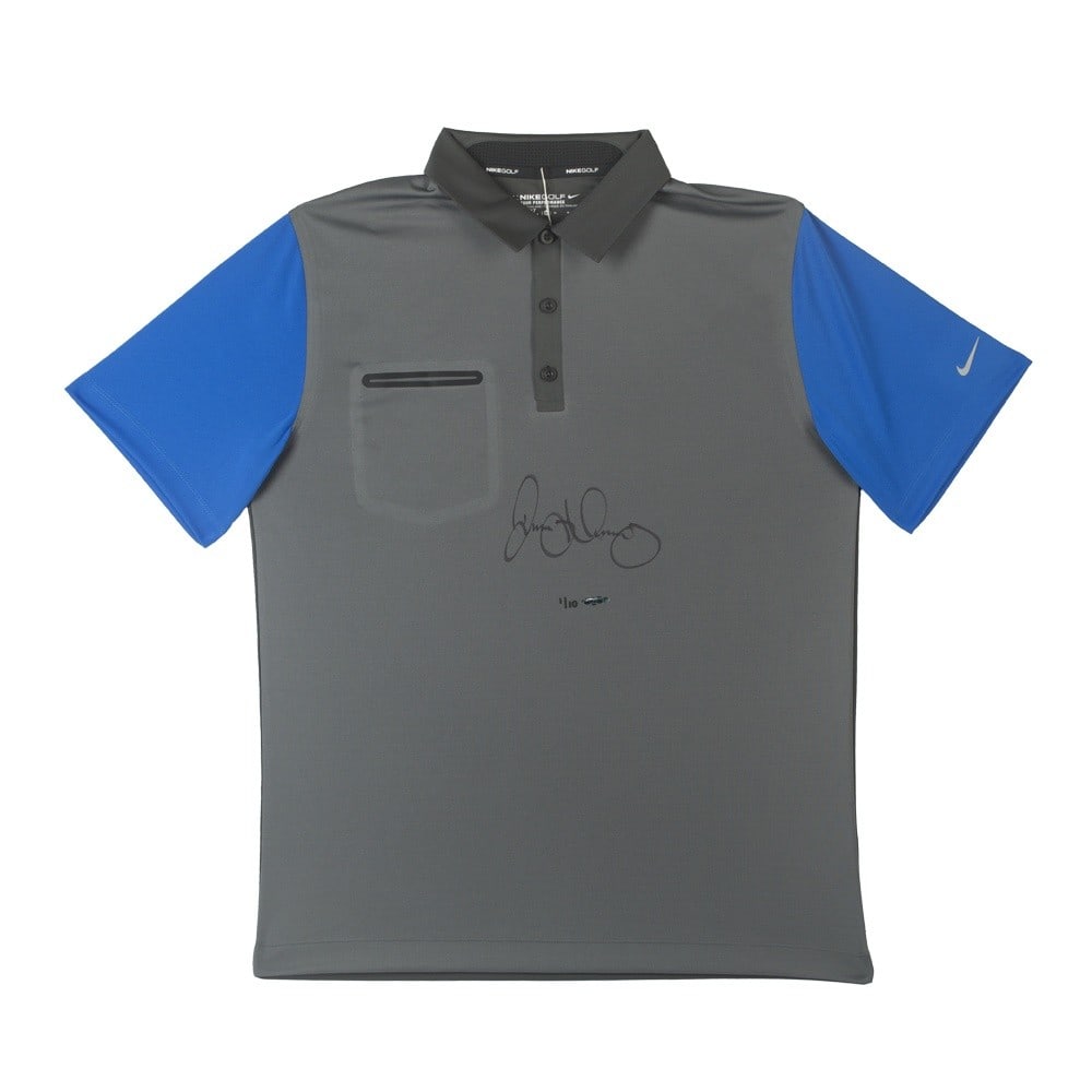 Rory McIlroy Autographed Gray Blue Nike Polo Shirt Limited Edition /10: Rory McIlroy Autographed Gray Blue Nike Polo Shirt Limited Edition /10 This limited edition, autographed gray and blue Nike polo golf shirt by Rory McIlroy is a must-have for any golf fan. This unique