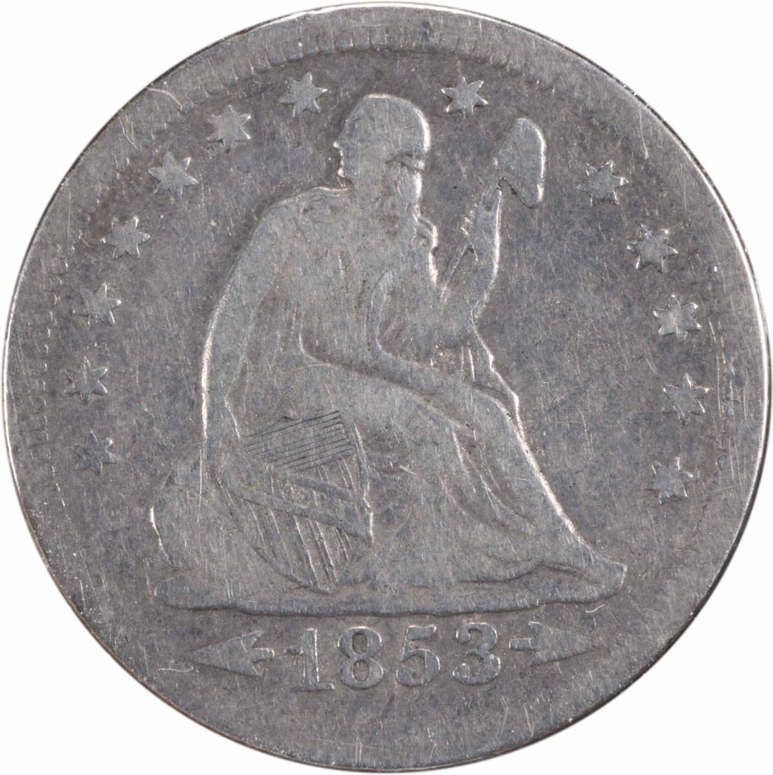 1853-O Liberty Seated Quarter 90% Silver New Orleans Coin: 1853-O Liberty Seated Quarter 90% Silver New Orleans Coin This 1853-O Liberty Seated Quarter features the 'Arrows and Rays' design and is in Fair (F) condition. Struck in New Orleans, this coin is com