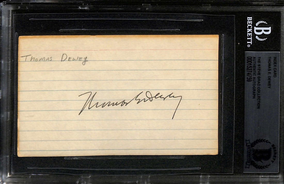 Thomas E Dewey Signed 3x5 Index Card Beckett Authenticated: Thomas E Dewey Signed 3x5 Index Card Beckett Authenticated This is an authentic autographed 3x5 index card signed by Thomas E. Dewey, the former Governor of New York. The signature is in black ballpoi