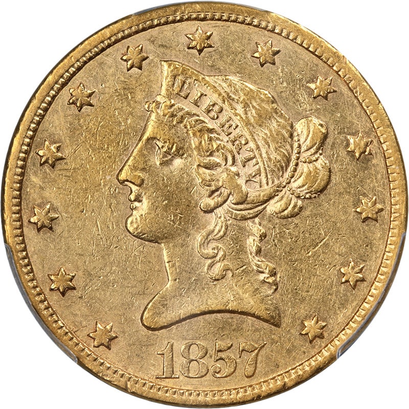 1857-S $10 Liberty Gold Eagle PCGS AU53 Key Date San Francisco Mint: 1857-S $10 Liberty Gold Eagle PCGS AU53 Key Date San Francisco Mint This 1857-S Liberty Gold $10 coin is graded AU53 by PCGS and features a key date from the San Francisco Mint. The coin is composed o