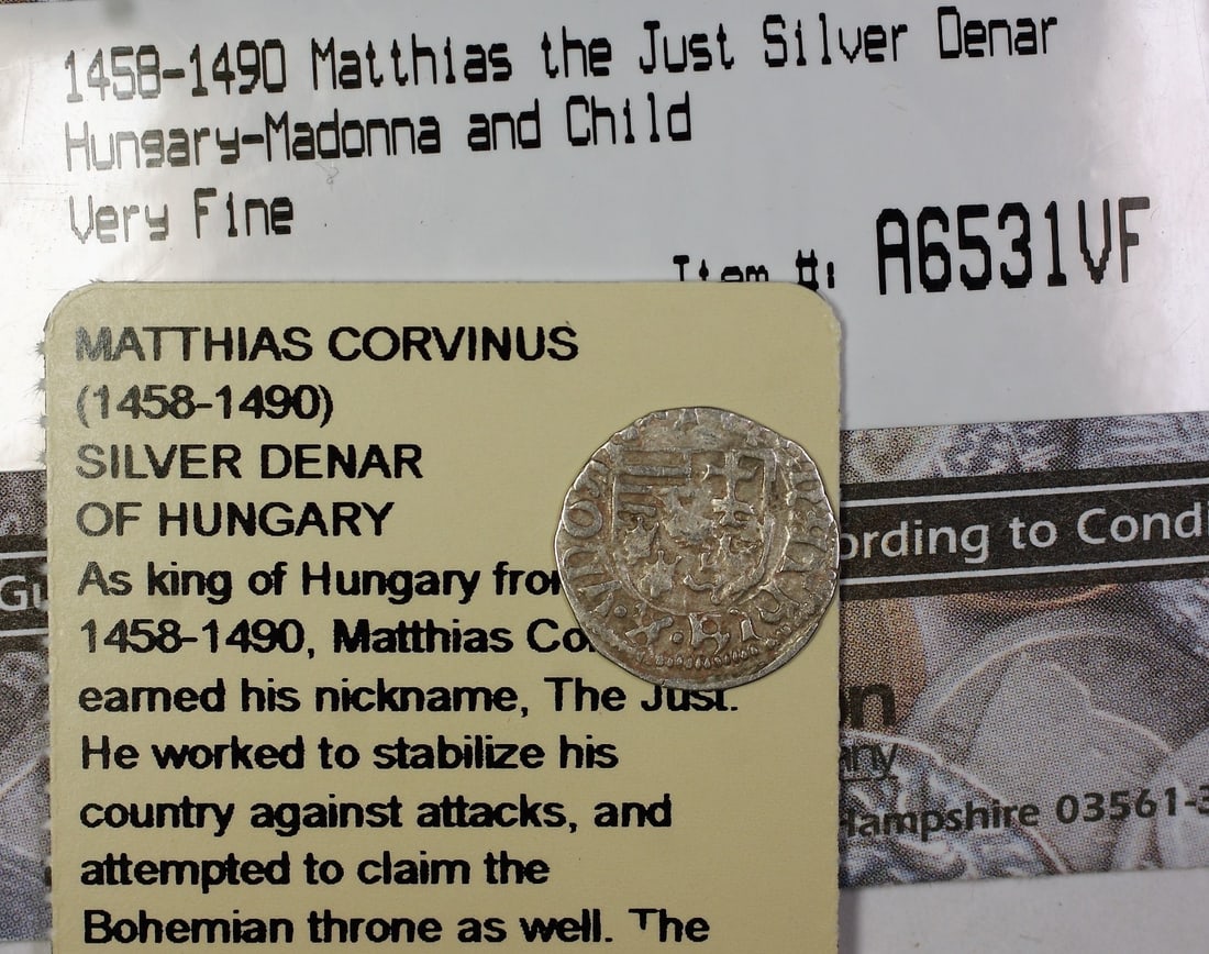 Hungarian Silver Denar Madonna and Child Coin 1458-1490 Matthias Just: Hungarian Silver Denar Madonna and Child Coin 1458-1490 Matthias Just This is a pre-owned silver denar coin from Hungary, minted during the reign of Matthias (1458-1490). The coin features an image of