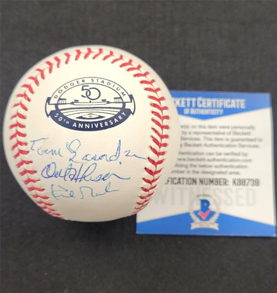 Kirk Gibson Signed Dodgers 50th Anniversary Baseball BAS Certified: Kirk Gibson Signed Dodgers 50th Anniversary Baseball BAS Certified This Los Angeles Dodgers 50th Anniversary Baseball features the signatures of legendary players Tommy Lasorda and Orel Hershiser, mak